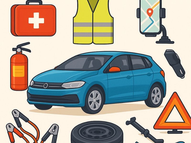 prikaz potrebne auto opreme u automobilu, prva pomć, prsluk, rezervna guma, navigacija i elektronika