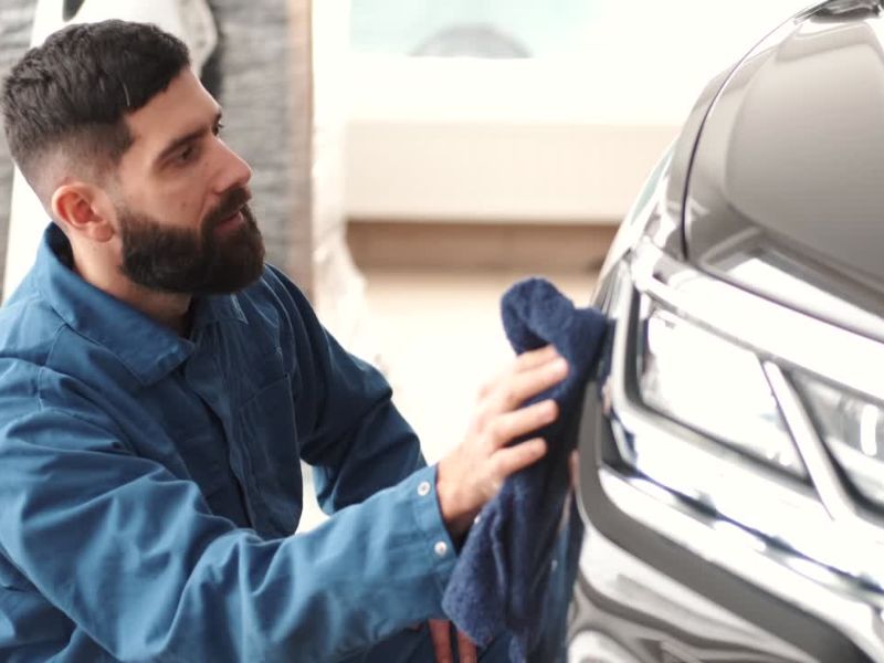 momak briše branik na automobilu