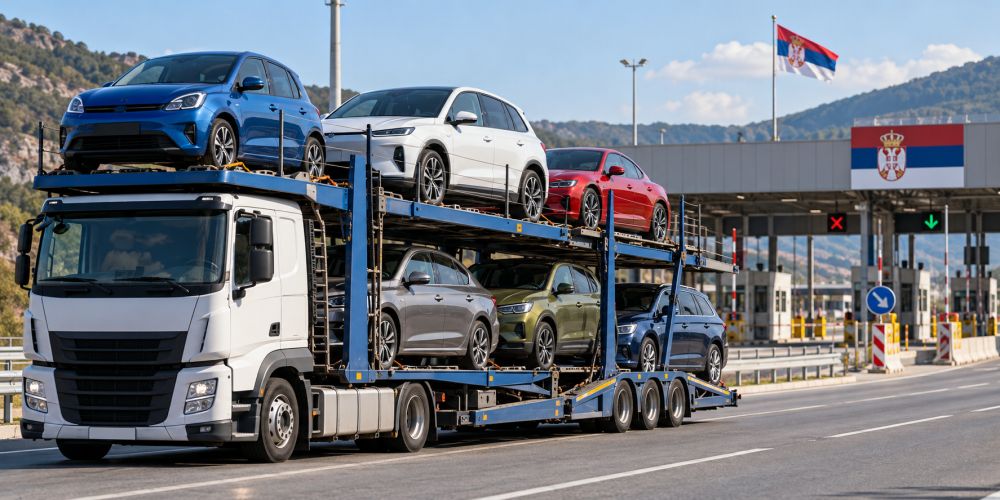Kamion sa novim automobilima ulazi u Srbiju preko graničnog prelaza.