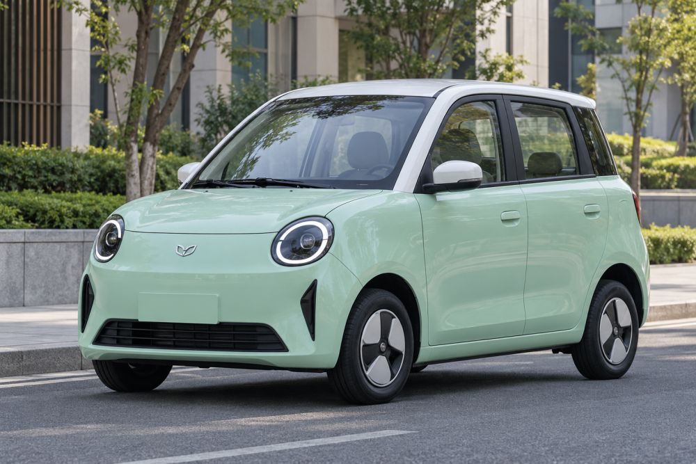 Mali zeleni kineski električni automobil parkiran na gradskoj ulici.