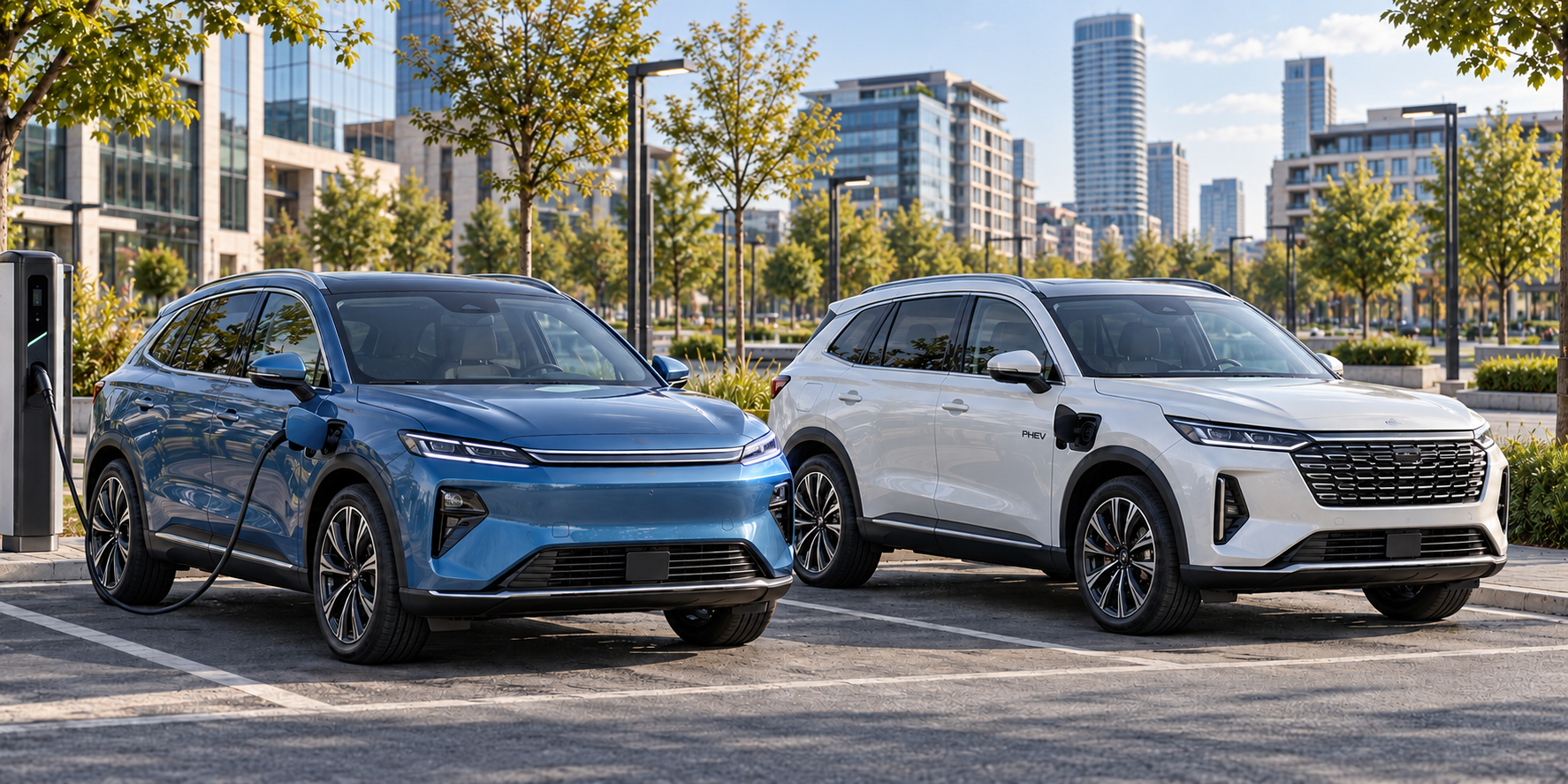 Električni i plug-in hibridni SUV automobili priključeni na punjače u gradu.